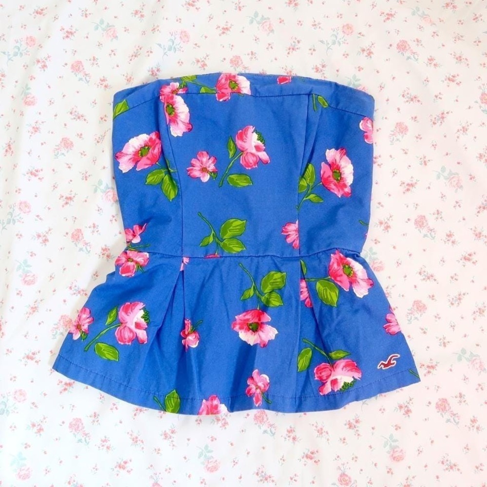 y2k hollister blue‎ floral strapless peplum tube top